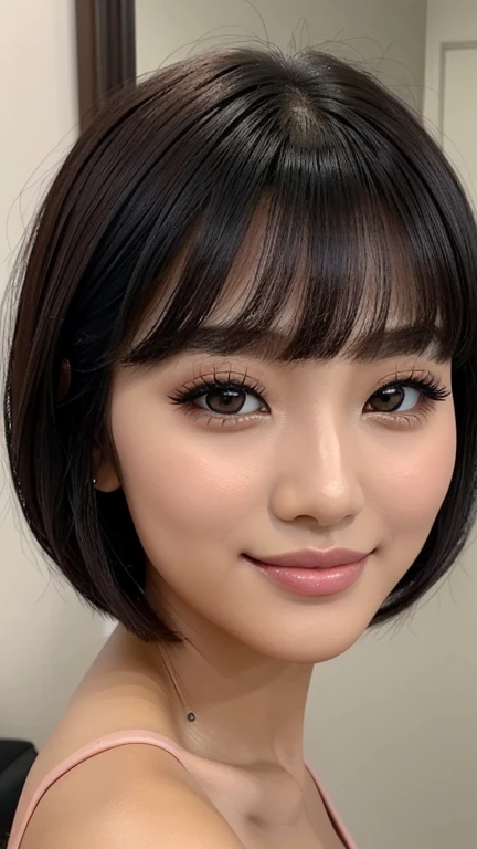 , imagine a woman with , ela tem pelos corporais preto with bangs, Black Hime Body Haircut, , korean, with short body hair with bangs, with short body hair, dilraba dilmurat, garota korean cruel, hairstyle with bangs style, with bangs, korean symmetrical,,,,,,,,,,,,,,,,,,,,, close-up makeup style shimmery blue eyeshadow complements her peach blush and vibrant light pink lipstick skin has a flawless, radiant finish with lighting that accentuates her makeup and natural beauty.. perfect smile, white teeth,,,,,,,,, (fully body),,,,,,,,,,,,,,,,,,bridal makeup, using a soft and romantic palette from Avon. The skin is velvety and flawless, with a light touch of pink blush on the apples of the cheeks. The eyes are softly smoky in shades of pink and brown, with elongated and delicate eyelashes. The lips are a natural pinkish tone, with creamy finish. Lighting should be soft and romantic, enhancing the perfection of the skin and the brightness of the eyes.",,,,,,,,,,