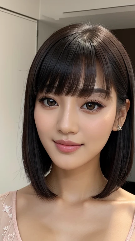 , imagine a woman with , ela tem pelos corporais preto with bangs, Black Hime Body Haircut, , korean, with short body hair with bangs, with short body hair, dilraba dilmurat, garota korean cruel, hairstyle with bangs style, with bangs, korean symmetrical,,,,,,,,,,,,,,,,,,,,, close-up makeup style shimmery blue eyeshadow complements her peach blush and vibrant light pink lipstick skin has a flawless, radiant finish with lighting that accentuates her makeup and natural beauty.. perfect smile, white teeth,,,,,,,,, (fully body),,,,,,,,,,,,,,,,,,bridal makeup, using a soft and romantic palette from Avon. The skin is velvety and flawless, with a light touch of pink blush on the apples of the cheeks. The eyes are softly smoky in shades of pink and brown, with elongated and delicate eyelashes. The lips are a natural pinkish tone, with creamy finish. Lighting should be soft and romantic, enhancing the perfection of the skin and the brightness of the eyes.",,,,,,,,,,