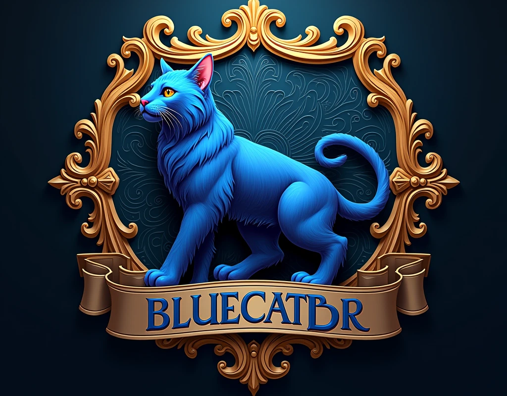 Create a coat of arms with the letters , " Bluecatbr " in high quality , for a motivational profile com  um cat como símbolo épico símbolo único o melhor 
