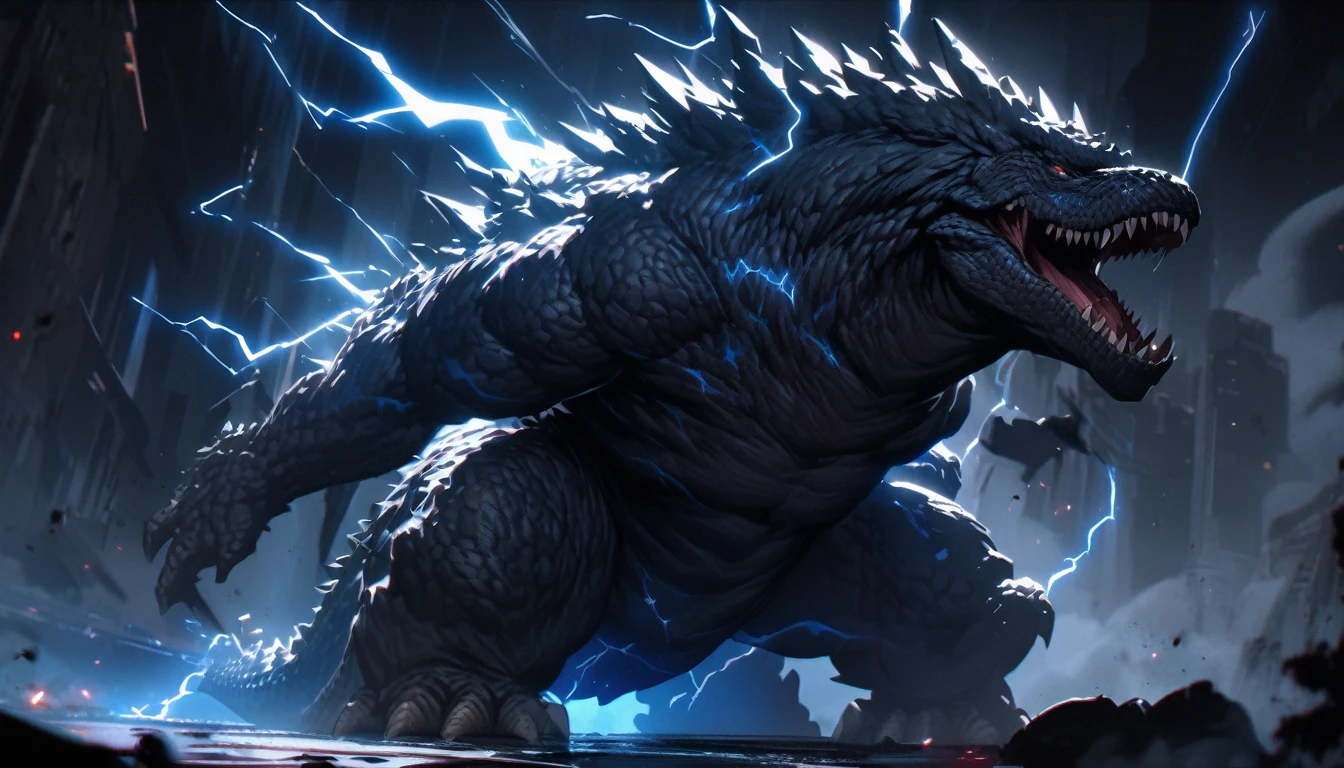 (high quality, highres:1.2), dark and mysterious godzilla arafed, monstrous creature with blue lightning bolts, highly detailed, deep darkness, atmospheric lighting and particle effects, musculous body