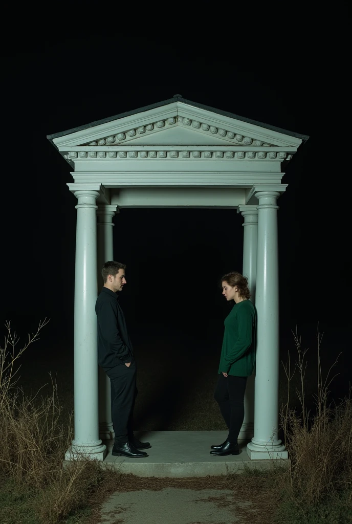 In the darkness of the night, A white marble gazebo stands alone, visible only. A couple stands one meter apart, each leaning on opposite columns of the gazebo. the man, black dress, and the woman, with a green sweater, They are motionless in a tense environment. The weeds grow disorderly around, accentuating the isolation and mystery of the scene.