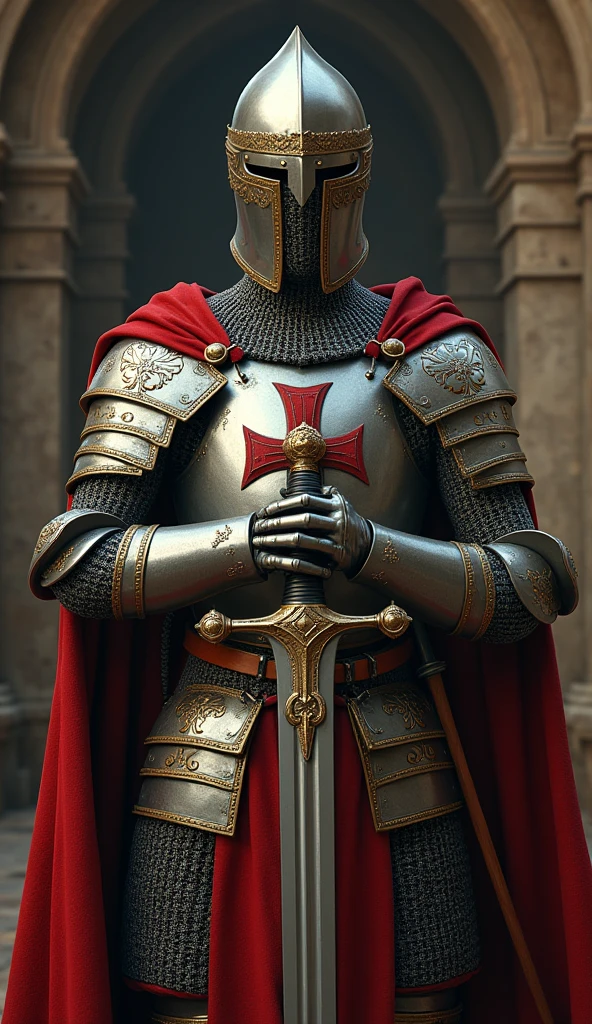 12th century、One of the Knights Templar of the Temple of Jerusalem, Cover the whole body in armor、He hold a double-edged sword in both hands, (one Crusader sword), The handle is cross-shaped, It is decorated, He is wearing the helmet from that time, He wears a cloak with a red cross on his chest, Accurate,  ((Anatomically correct,,Surrealism, UHD, retina, accurate, anatomically correct, textured skin, super detail, high details, best quality, 8K))