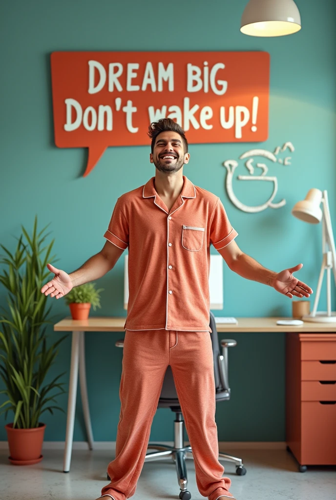 A young man with a giant smile, holding an oversized cup of coffee, with a sign behind that says “Dream big”, but don&#39;t wake up!” ( in Spanish). The person could be in pajamas in the middle of an office.