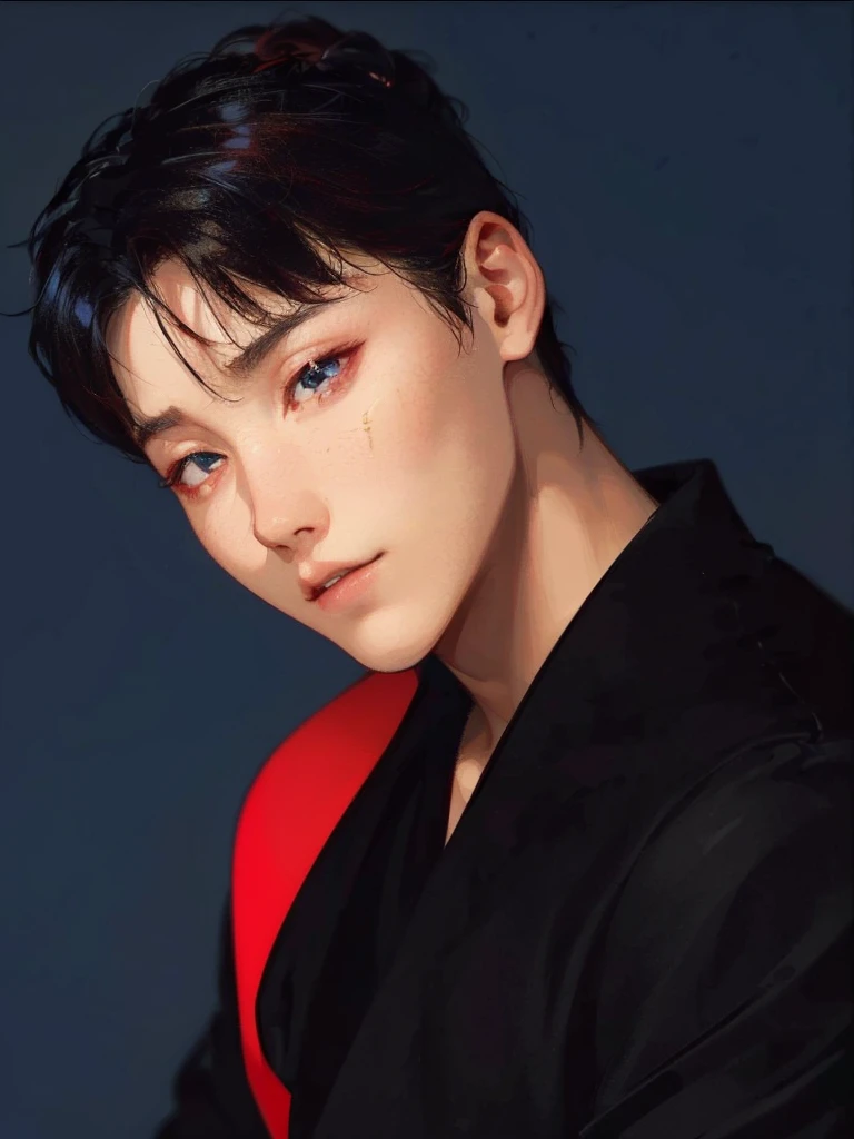 a Korean boy masculine rude with long vibrant red hair, beautiful porcelain skin, delicate facial features, (best quality,4k,8k,highres,masterpiece:1.2),ultra-detailed,(realistic,photorealistic,photo-realistic:1.37),extremely detailed eyes and face, longeyelashes, elegant posture, warm lighting, cinematic composition, vibrant colors, digital art, concept art