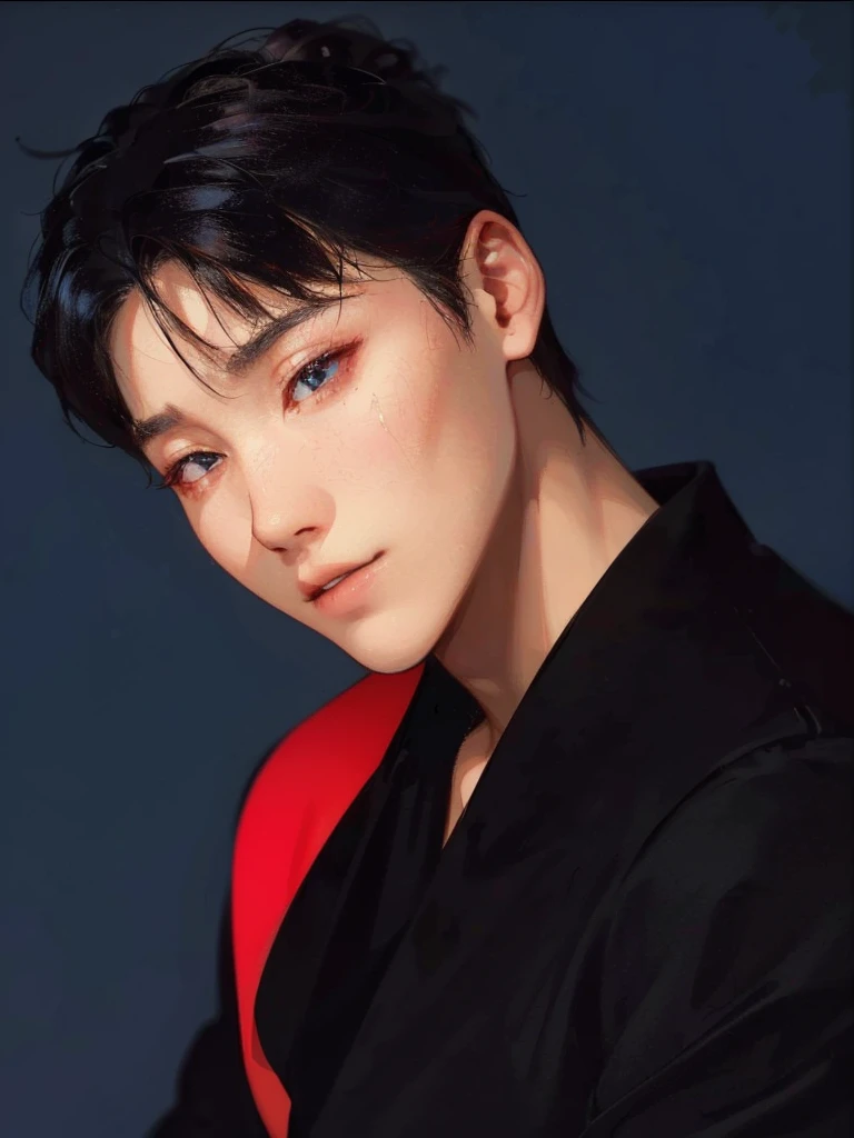 a Korean boy masculine rude with long vibrant red hair, beautiful porcelain skin, delicate facial features, (best quality,4k,8k,highres,masterpiece:1.2),ultra-detailed,(realistic,photorealistic,photo-realistic:1.37),extremely detailed eyes and face, longeyelashes, elegant posture, warm lighting, cinematic composition, vibrant colors, digital art, concept art