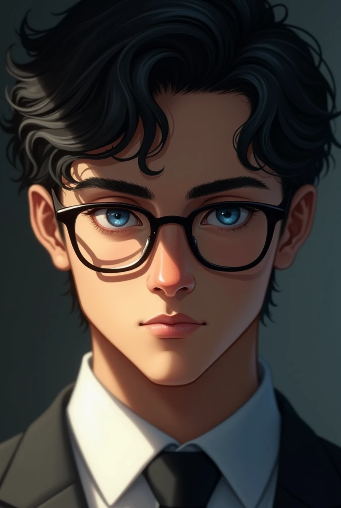 Handsome young man, blue eyes and slightly curly black hair with a pair of glasses perched on the bridge of his nose.