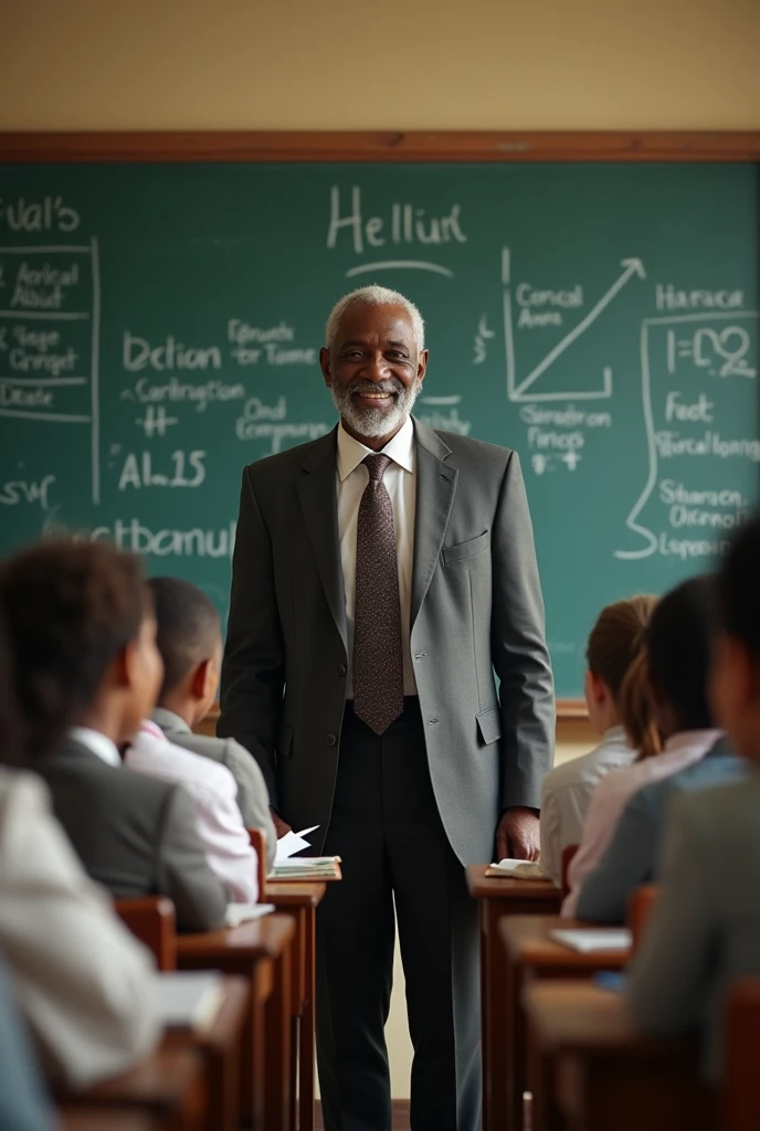 Un professeur Africain en costume au tableau souriant avec ses élèves en classe