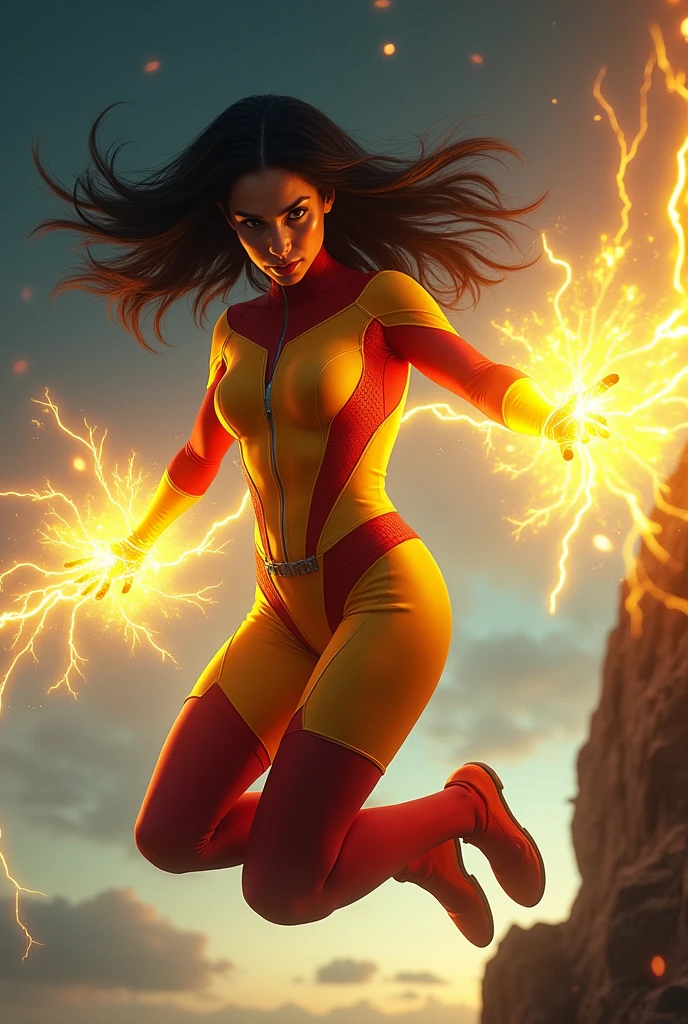 Megan fox black hair, jumping from a building one hand with webs while the other releases a burst of energy beams yellow electric shocks, looking at the horizon at night, wearing a yellow and red suit.