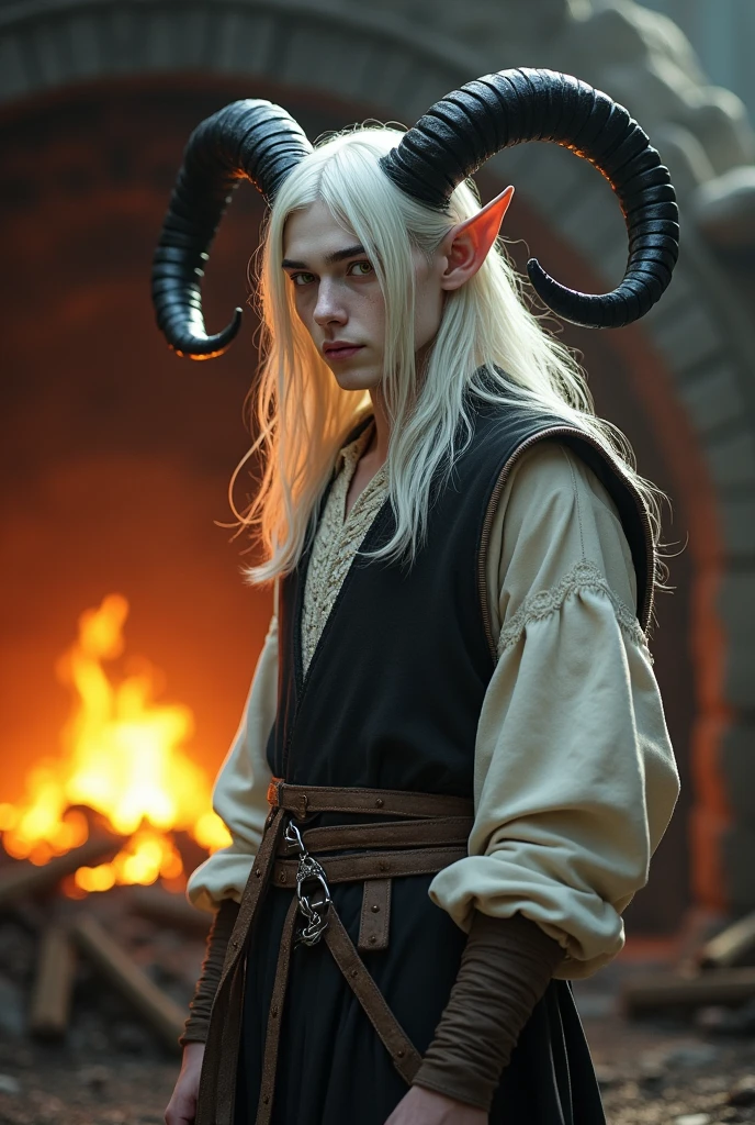 pale young man, standing in front of the forge, wearing blacksmith clothes, long white straight hair, black ram horns on the head, yellow eyes without pupils, outdoors, soft lighting, forge in background, relaxed pose, realistic, intricate details, warm colors