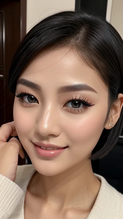 , imagine a woman with , ela tem pelos corporais preto with bangs, Black Hime Body Haircut, , korean, with short body hair with bangs, with short body hair, dilraba dilmurat, garota korean cruel, hairstyle with bangs style, with bangs, korean symmetrical,,,,,,,,,,,,,,,,,,,,, close-up makeup style shimmery blue eyeshadow complements her peach blush and vibrant light pink lipstick skin has a flawless, radiant finish with lighting that accentuates her makeup and natural beauty.. perfect smile, white teeth,,,,,,,,, (fully body),,,,,,,,,,,,,,,,,,bridal makeup, using a soft and romantic palette from Avon. The skin is velvety and flawless, with a light touch of pink blush on the apples of the cheeks. The eyes are softly smoky in shades of pink and brown, with elongated and delicate eyelashes. The lips are a natural pinkish tone, with creamy finish. Lighting should be soft and romantic, enhancing the perfection of the skin and the brightness of the eyes.",,,,,,,,,,
