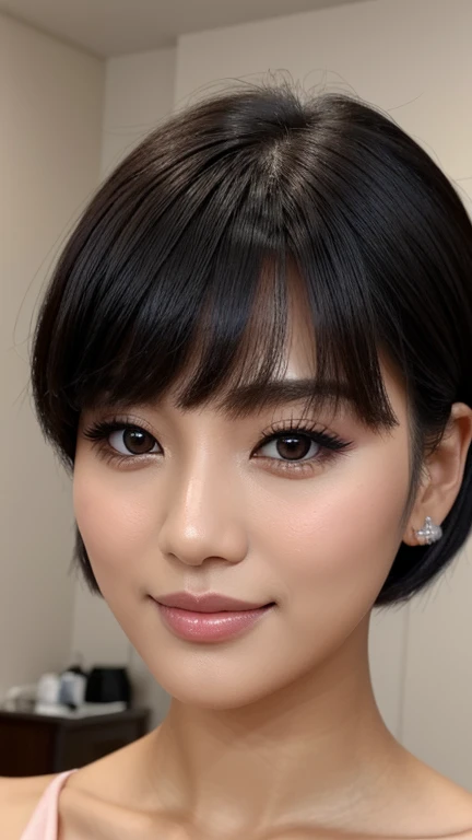 , imagine a woman with , ela tem pelos corporais preto with bangs, Black Hime Body Haircut, , korean, with short body hair with bangs, with short body hair, dilraba dilmurat, garota korean cruel, hairstyle with bangs style, with bangs, korean symmetrical,,,,,,,,,,,,,,,,,,,,, close-up makeup style shimmery blue eyeshadow complements her peach blush and vibrant light pink lipstick skin has a flawless, radiant finish with lighting that accentuates her makeup and natural beauty.. perfect smile, white teeth,,,,,,,,, (fully body),,,,,,,,,,,,,,,,,,bridal makeup, using a soft and romantic palette from Avon. The skin is velvety and flawless, with a light touch of pink blush on the apples of the cheeks. The eyes are softly smoky in shades of pink and brown, with elongated and delicate eyelashes. The lips are a natural pinkish tone, with creamy finish. Lighting should be soft and romantic, enhancing the perfection of the skin and the brightness of the eyes.",,,,,,,,,,