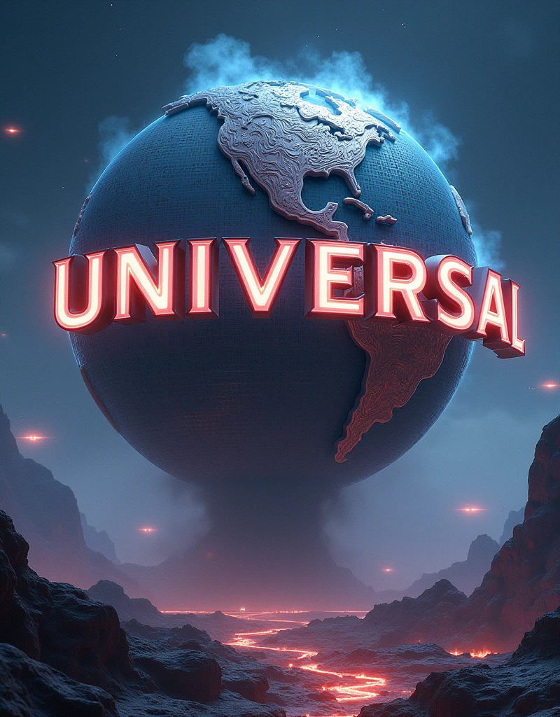 Generate an image of the Universal logo in alien style and that has the word Universal