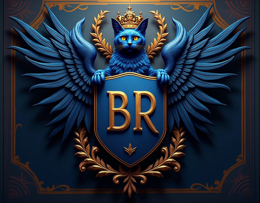Create a coat of arms with the letters , " Bluecatbr " in high quality , for a motivational profile com  um cat como símbolo épico símbolo único o melhor 