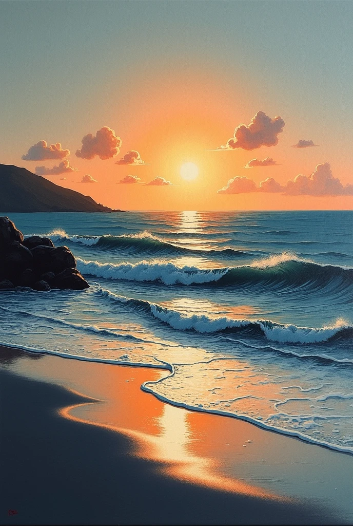 painting with ink on simple canvas on canvas of beach landscape at sunset with the sea wave breaking and with darker colors, with the sun reflecting on the water, with simple elements