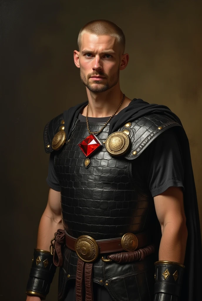 {{Masterpiece, best quality, by John Singer Sargent, full oil painting, muted colors}}, (((((dramatic half body portrait of a 40 years old male ancient Roman soldier, solemn, valiant, tall, upright, brown skin, skinny, blonde, smiling, goatee, buzzcut))))). ((((he is wearing a black, silken, Roman uniform, scale armor lorica, made of iridescent alligator leather, with samurai inspired elements, ronin inspired elements, wearing a large red diamond shape pendant)))).