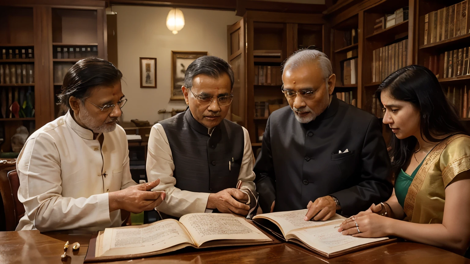 A symbolic representation of the exchange of technology between China and other civilizations, showcasing (((Chinese sages interacting with Indian scholars))), Persians and Europeans. The scene must include old maps, (((manuscripts and scientific instruments))) shared, with a sense of [cooperation and exchange of ideas].
