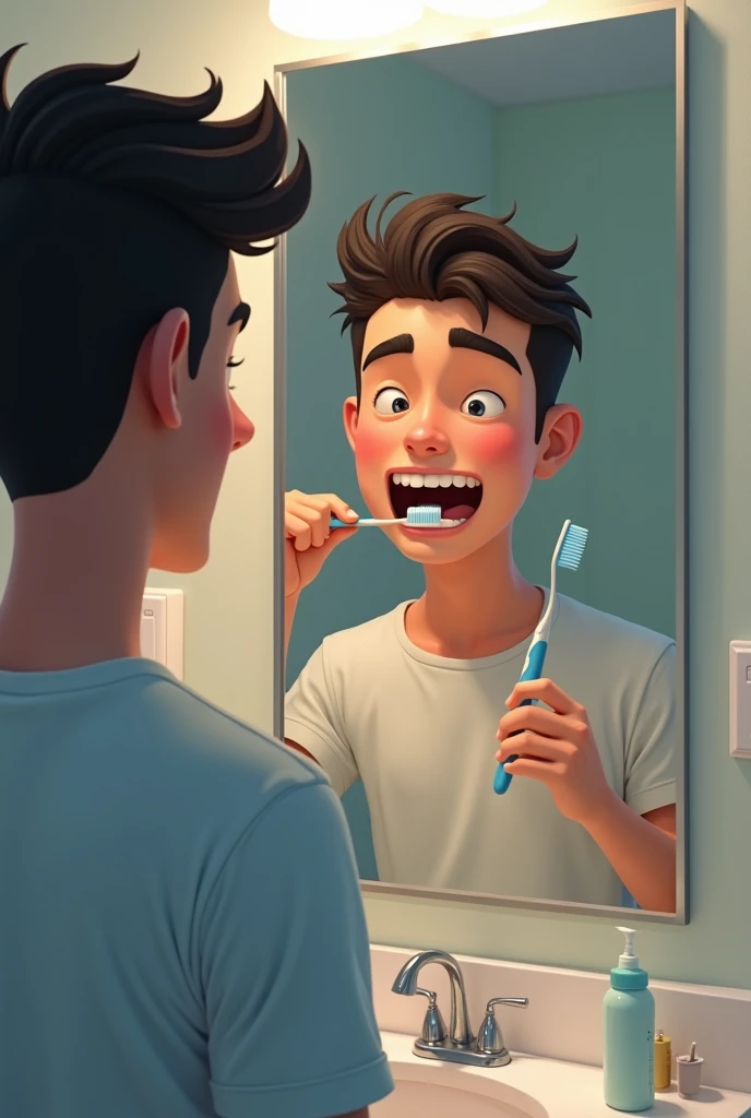 Tim is brushing his teeth. He is looking in the mirror and making sure his teeth are clean. The toothbrush is moving up and down, and Tim is concentrating