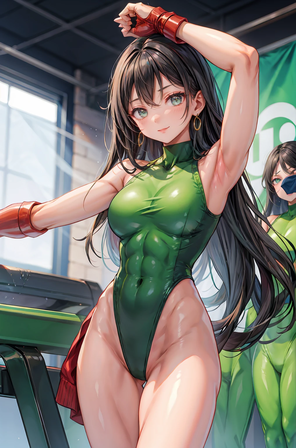 Beautiful sister, beautiful body, beautiful breasts, clear breasts, beautiful body line, slender body, cool beauty,(black long straight hair:1.5), digging into the crotch, makeup, cool sideways Sleek eyes, earrings, smile,(green athletic leotard:1.5) , (V cut super high leg leotard) , fitness club, fitness studio, indoor, fitness, gravure,