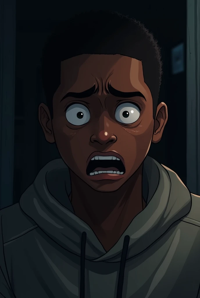 Adult black person with short hair scared