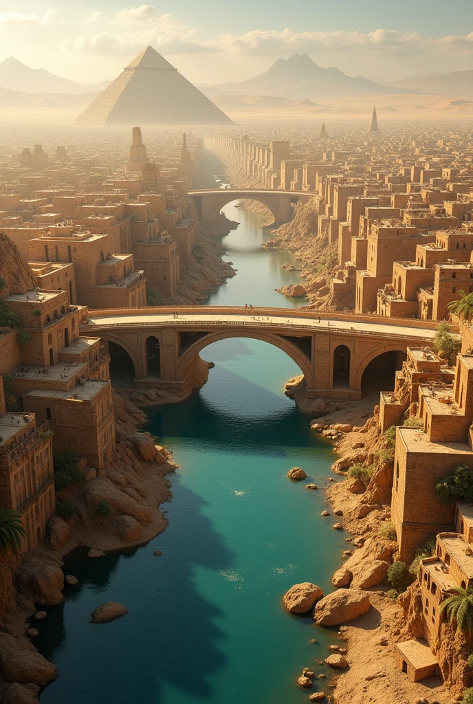 a city very similar to the ancient Egyptian, with a bridge connecting the two parts separated by a river