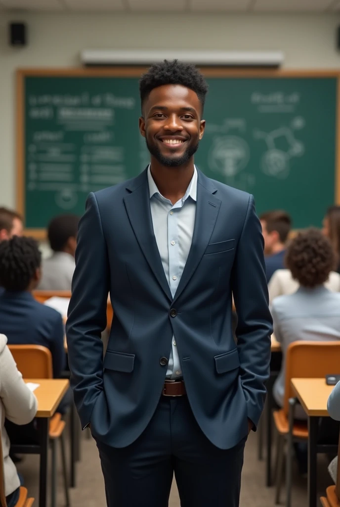 Un jeune professeur Africain en costume au tableau souriant avec ses élèves en classe 