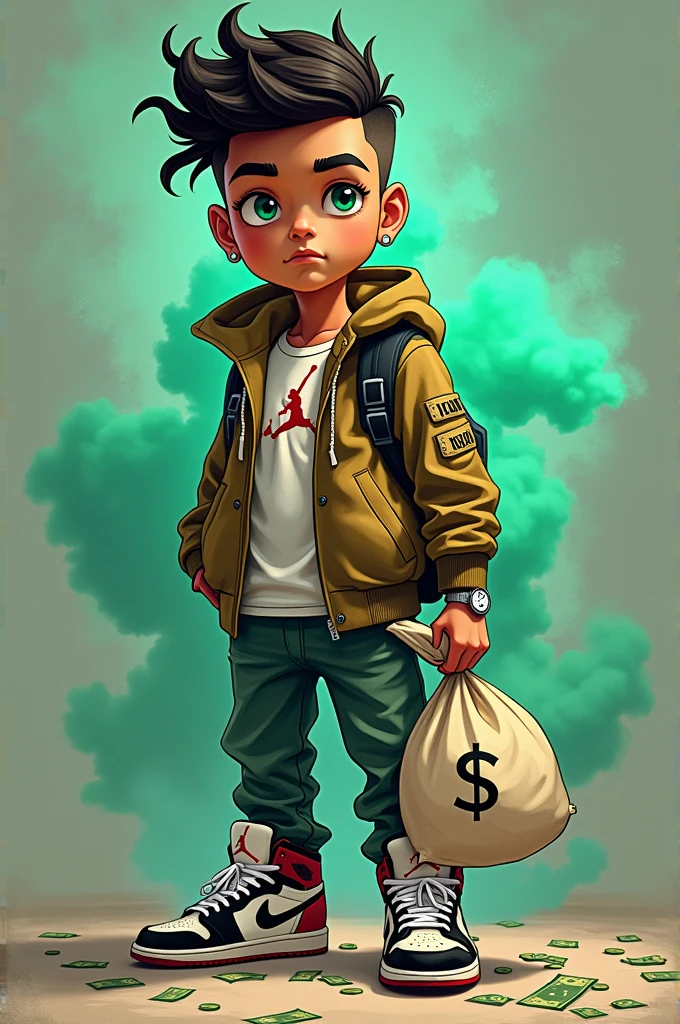 Ghetto green eyed white boy wearing jordans holding a money bag smoke background cartoon