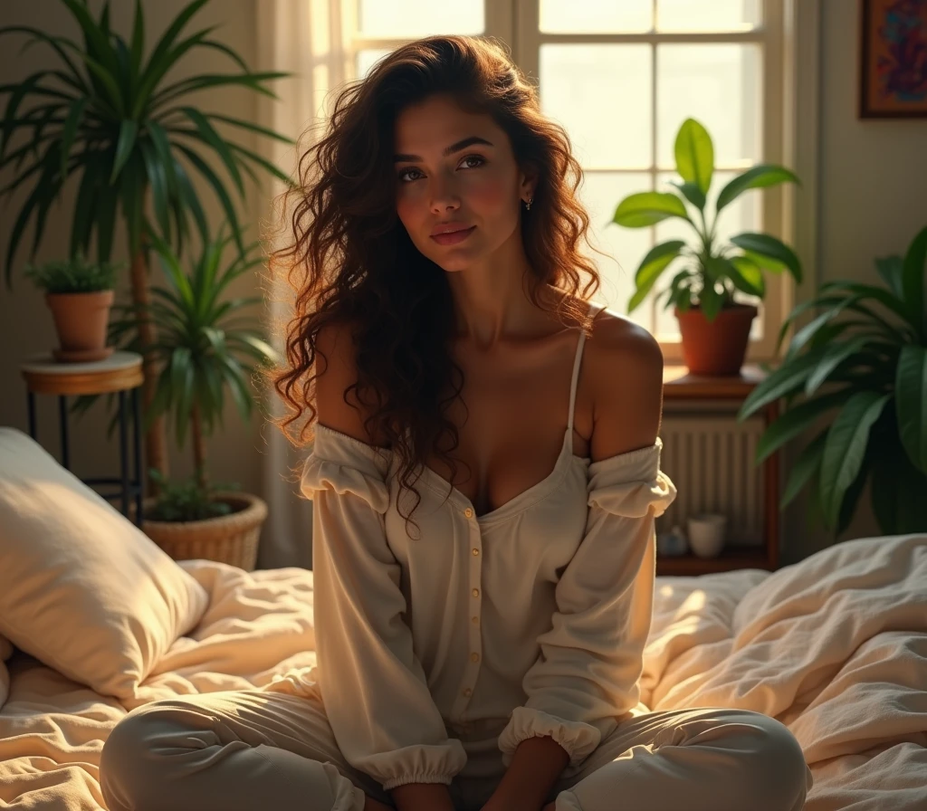 (photorealism:1.2), beautiful woman, sitting on bed, wearing loose off-shoulder top, pajama pants, long curly hair, indoors, soft lighting, plants in background, window with sunlight, cozy room, relaxed pose, realistic, intricate details, warm colors, by Greg Rutkowski, by Alphonse Mucha