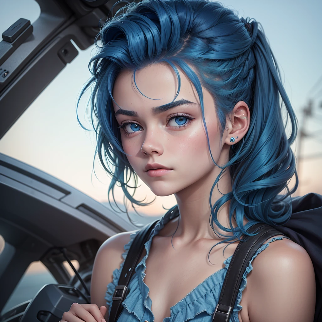 Young girl, , BLUE hair, Harry Styles inpired face