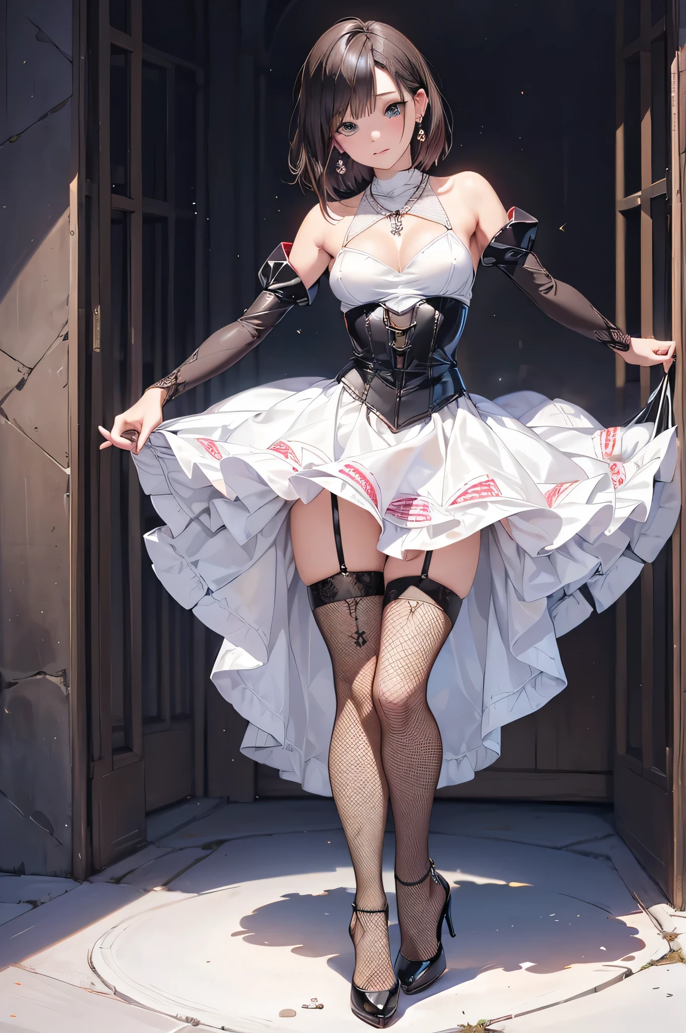 ((Biologically correct limb count)),(( From head to toe,Full-body photo including face)),4K,((Standing position)),masterpiece,((Focus on the face)),((Symmetrical facial features)),Eyes with detailed description,Beautiful woman,Great style,Beautiful arms,Beautiful legs,Beautiful Hands,(Small Ass,Thin thighs),Detailed depiction of the face,Small earrings,necklace,(Latex clothing,mini skirt((High heels,Patterned fishnet stockings))),Realistic photo,Short Hair,Stand at an angle,Meeting,Alluring