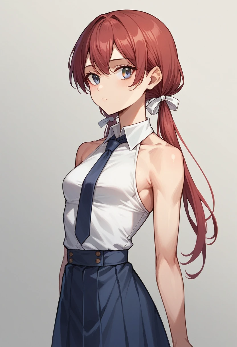 (masterpiece, best quality), 1girl, stoic, looking to the side, beautiful face, Gray eyes, Dark red hair, low twin tails, white ribbons, sleeveless halter neck white collared shirt, dark blue necktie, dark blue skirt, small breasts, toned arms, pink cute underwear,