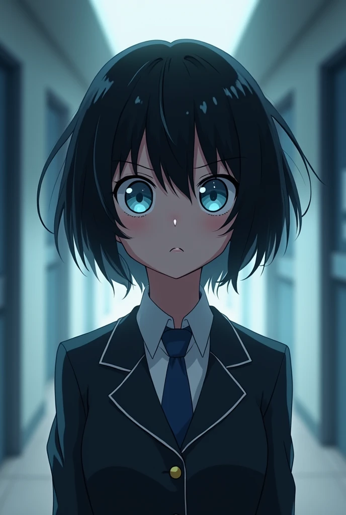 Screenshot of boku no hero academia Girl with short messy black hair and pastel blue eyes, He has a serious expression and pale skin. He is wearing the UA uniform. The background is a school corridor
