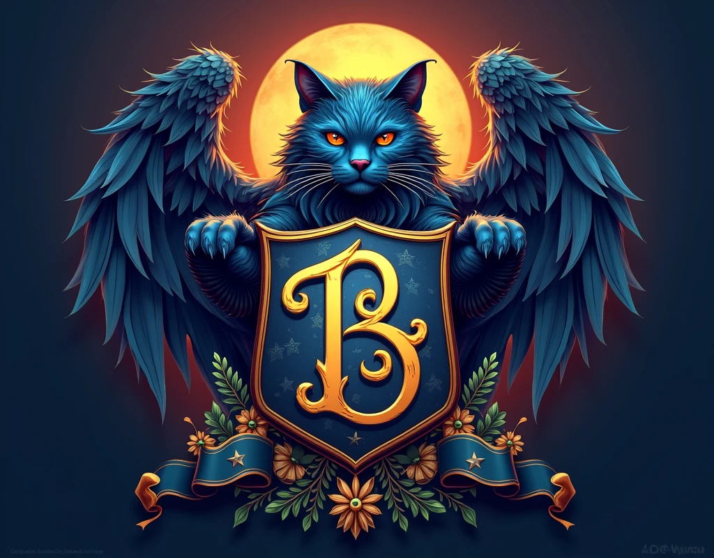 Create a coat of arms with the letters , " Bluecatbr " in high quality , for a motivational profile com  um cat como símbolo épico símbolo único o melhor 