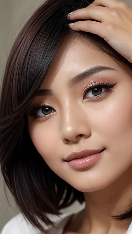 , imagine a woman with , ela tem pelos corporais preto with bangs, Black Hime Body Haircut, , korean, with short body hair with bangs, with short body hair, dilraba dilmurat, garota korean cruel, hairstyle with bangs style, with bangs, korean symmetrical,,,,,,,,,,,,,,,,,,,,, close-up makeup style shimmery blue eyeshadow complements her peach blush and vibrant light pink lipstick skin has a flawless, radiant finish with lighting that accentuates her makeup and natural beauty.. perfect smile, white teeth,,,,,,,,, (fully body),,,,,,,,,,,,,,,,,,bridal makeup, using a soft and romantic palette from Avon. The skin is velvety and flawless, with a light touch of pink blush on the apples of the cheeks. The eyes are softly smoky in shades of pink and brown, with elongated and delicate eyelashes. The lips are a natural pinkish tone, with creamy finish. Lighting should be soft and romantic, enhancing the perfection of the skin and the brightness of the eyes.",,,,,,,,,,