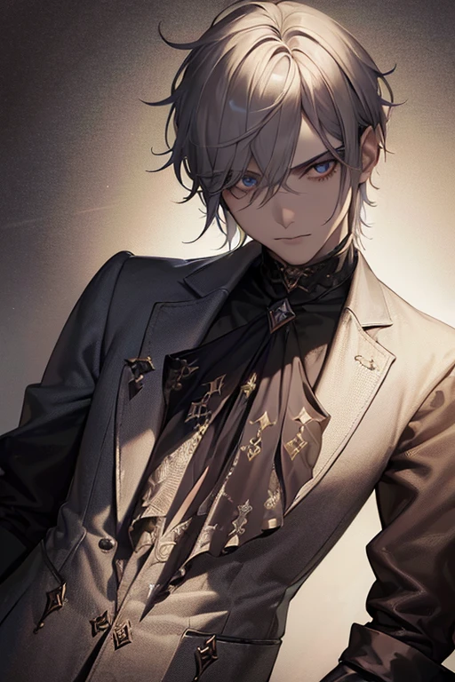 (Surrealist male portraits), (dark fantasy art: 1.6), In the style of David Hockney and Alphonse Mucha, impressive realism, dynamic lighting, 4k resolution, highly detailed facial features, awarded, cowboy shot, (Uniforme oficial: 1.4), short gray hair, deep shadows.