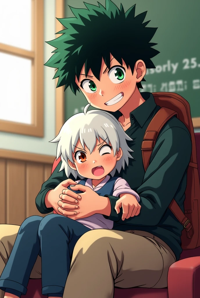 Camp pulls screen from the ua my Hero academia. An albino girl on the lap of a tall boy with green eyes, black hair and a mischievous smile at school 