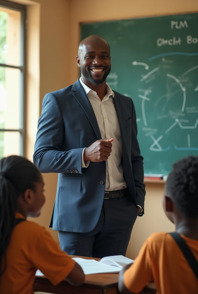 Un jeune professeur Africain en costume au tableau souriant avec ses élèves en classe