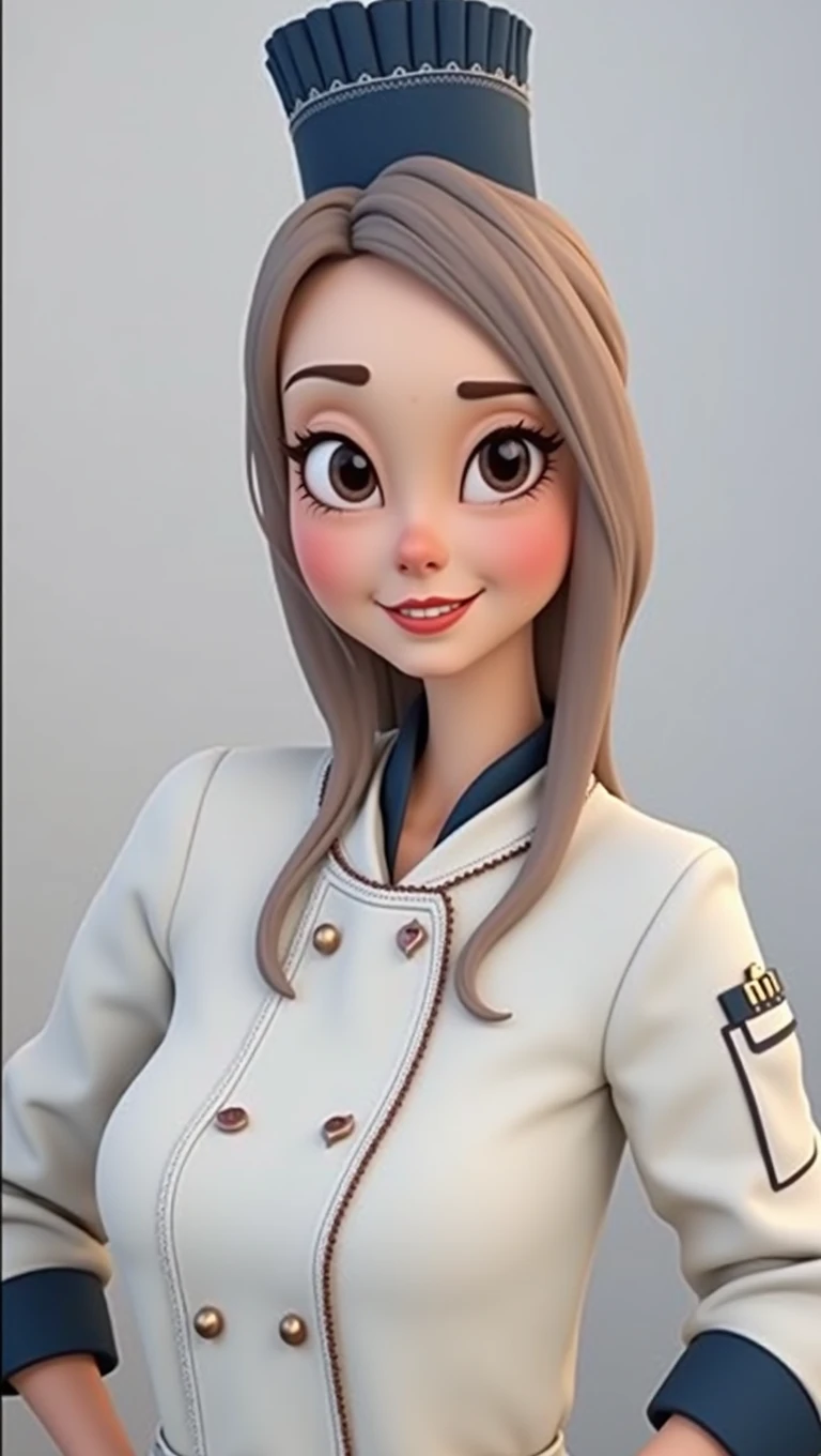 Create a 3d -Pixar style cartoon scene, Where a woman, with straight brown hair, 35 years old, She's cooking dressed as a pastry chef.