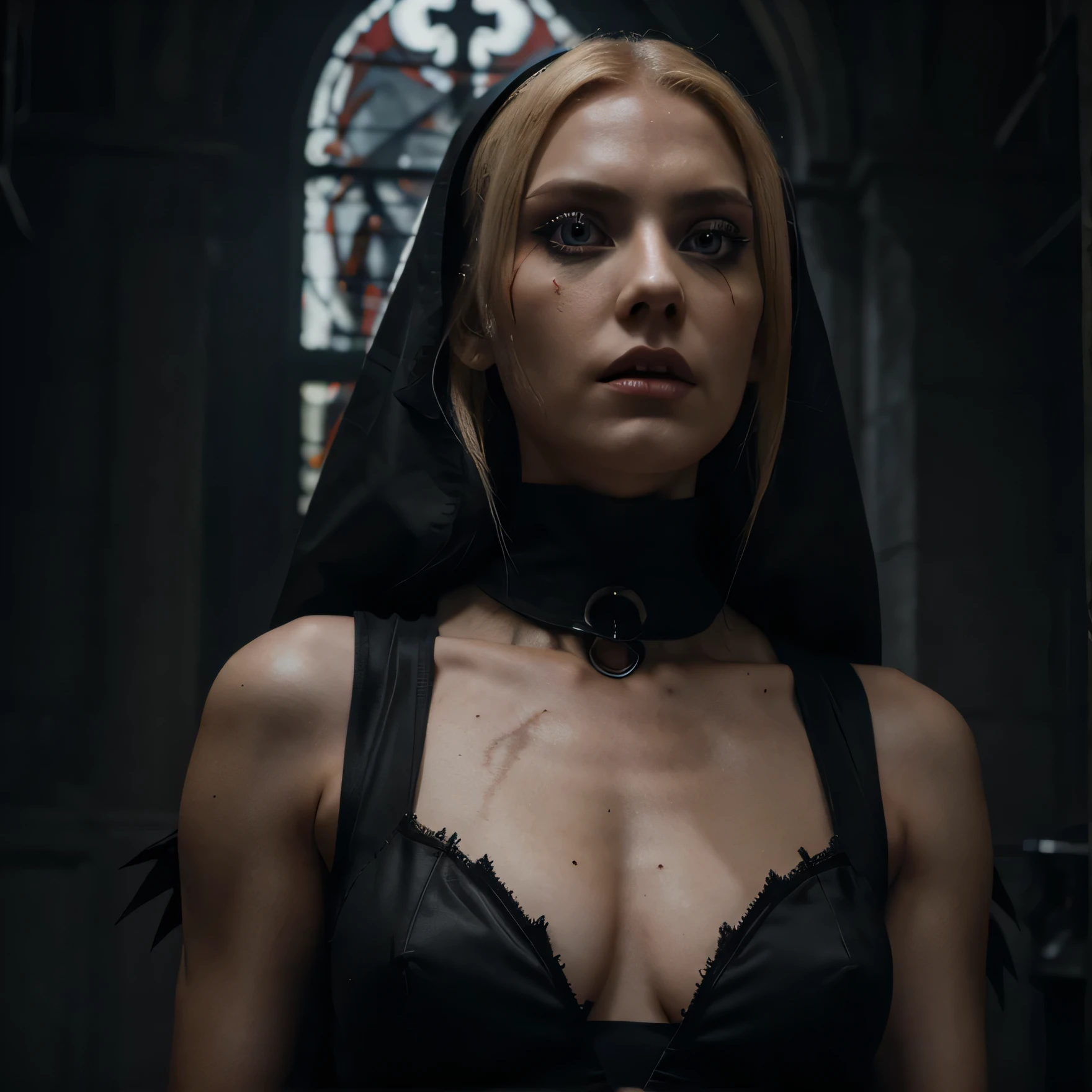 a tall blonde fierce cyborg nun with red eyes possessed by the devil, asylum, full body, 1girl, robot, nun, blonde hair, red eyes, possessed by the devil, tall, fierce, asylum, detailed face, detailed eyes, detailed lips, detailed facial features, dark gothic, dramatic lighting, dark and moody, chiaroscuro lighting, cinematic composition, highly detailed, 8k, photorealistic, hyper realistic, dramatic pose, dramatic expression, dark fantasy, horror, gothic,
