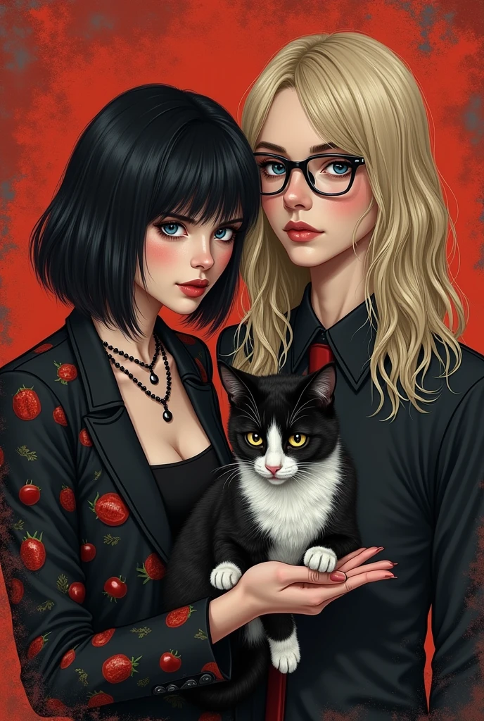 for metal rock band named 'Tomatoes in your Bloody Head', put the nam of the band on the image, with detailed letters. put a brazilian emo girl (with light skin and drak short hair and black eyes) and a german guy (tall with blonde long hair, blue eyes, wearing glasses) on the imagem. the guy its 190cm, the girl is 157cm. the guy its thin and really pale skin. his hair is really long. put a tuxego cat ON THE GIRL'S HAND. dont forget to put the name of the band
