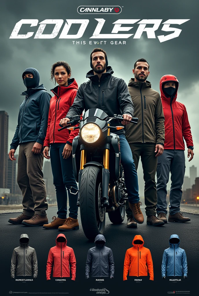 A poster with balaclavas, Jackets, backpacks, Shoes and raincoats for cyclists and motorcyclists