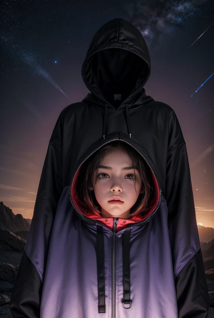 hoodie with a zipper, the left side is red and the right side is purple, with black details and black planets from the solar system scattered across it