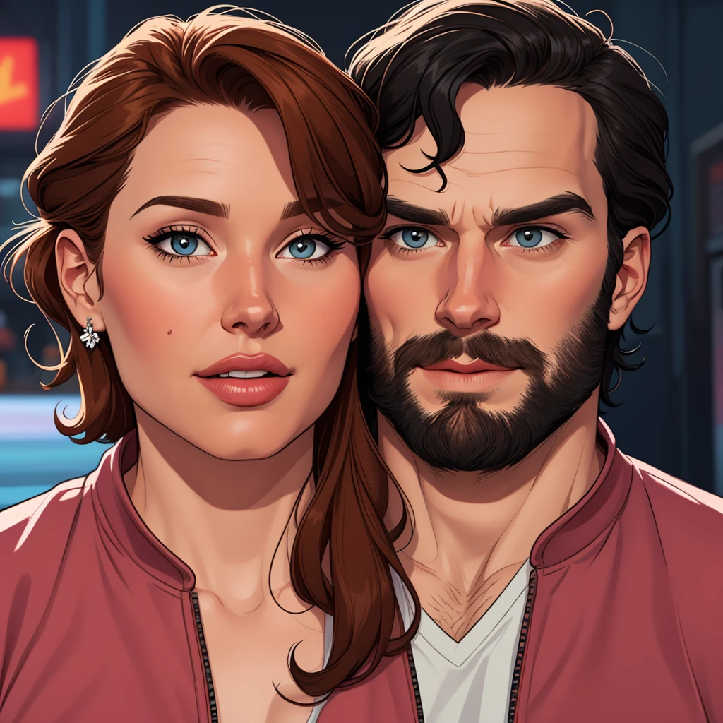 Cartoon style digital illustration portrait mode man in his 30s Henry Cavill with beard and his girlfriend and Geena Davis Cartoon style digital illustration