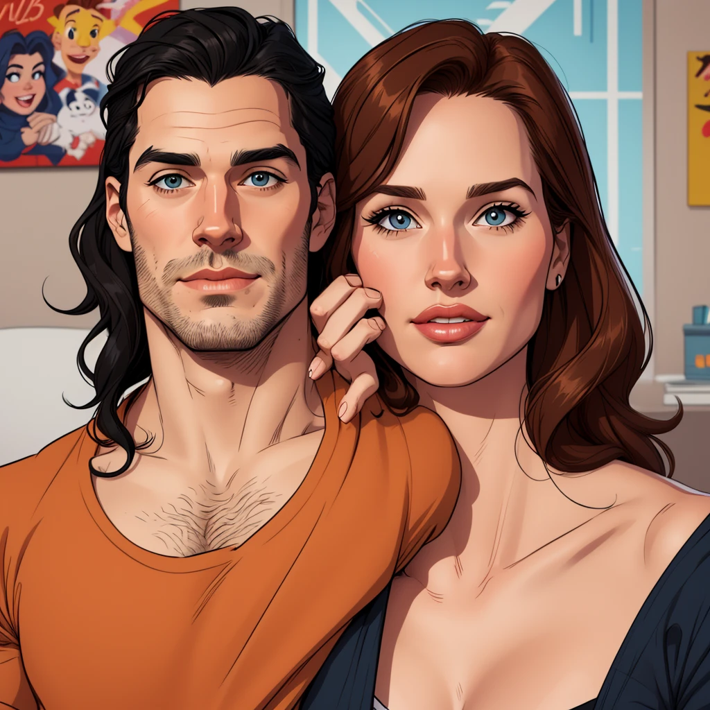 Cartoon style digital illustration portrait mode man in his 30s Henry Cavill with beard and his girlfriend and Geena Davis Cartoon style digital illustration