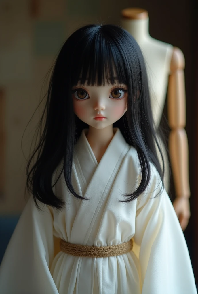Super Real、Exquisitely crafted Japanese semi-long black hair(((Stuffed Animal Girl)))、A white yukata made of thin, almost transparent fabric、Dimly lit human taxidermy studio、Behind him is a partially constructed stuffed human body with its torso cut off.