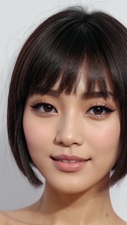 , imagine a woman with , ela tem pelos corporais preto with bangs, Black Hime Body Haircut, , korean, with short body hair with bangs, with short body hair, dilraba dilmurat, garota korean cruel, hairstyle with bangs style, with bangs, korean symmetrical,,,,,,,,,,,,,,,,,,,,, close-up makeup style shimmery blue eyeshadow complements her peach blush and vibrant light pink lipstick skin has a flawless, radiant finish with lighting that accentuates her makeup and natural beauty.. perfect smile, white teeth,,,,,,,,, (fully body),,,,,,,,,,,,,,,,,,bridal makeup, using a soft and romantic palette from Avon. The skin is velvety and flawless, with a light touch of pink blush on the apples of the cheeks. The eyes are softly smoky in shades of pink and brown, with elongated and delicate eyelashes. The lips are a natural pinkish tone, with creamy finish. Lighting should be soft and romantic, enhancing the perfection of the skin and the brightness of the eyes.",,,,,,,,,,