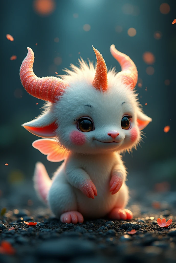 A furry little ball in the night with glitter around it with horns with a fiery tail with coral colored wings dolphin