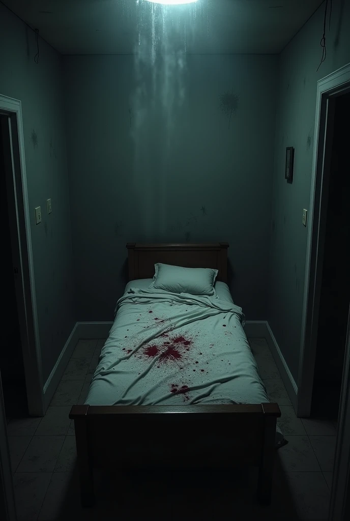 Gloomy room with a bed with blood
