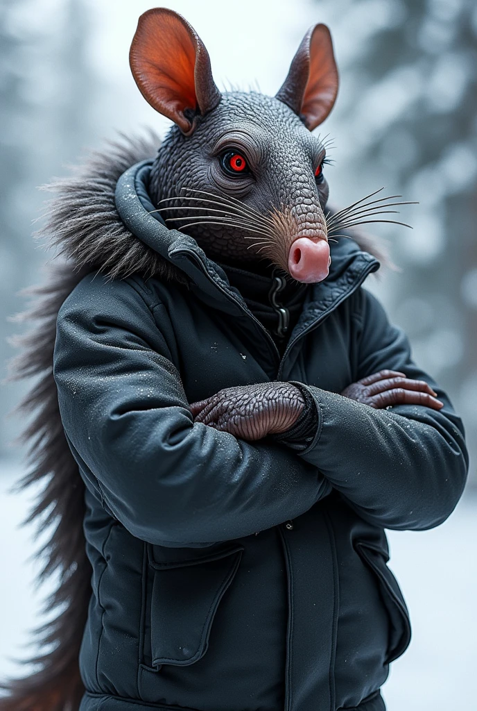 An armadillo with its arm crossed, with a snow background, as if he were a warrior, showing your strength and determination. The armadillo will be in black and will have a gangster style.. Wearing a snowboarding jacket and red eyes