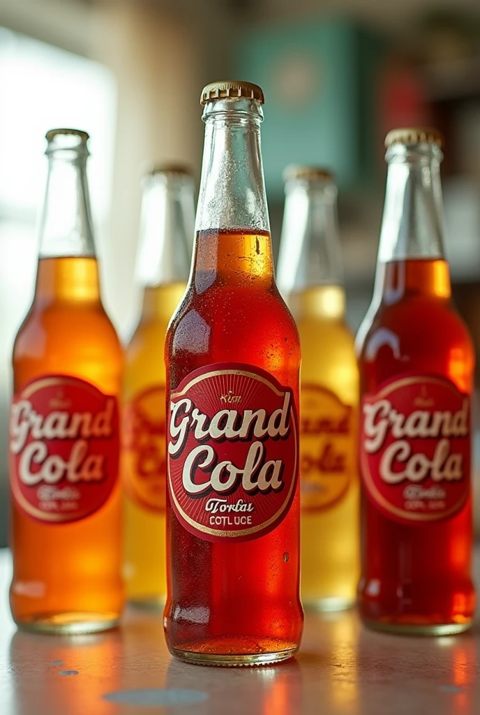 Bottles of soft drinks and sodas from a brand called Gran Cola Company, that the bottles have Grand Cola labels, in the style of the 50's