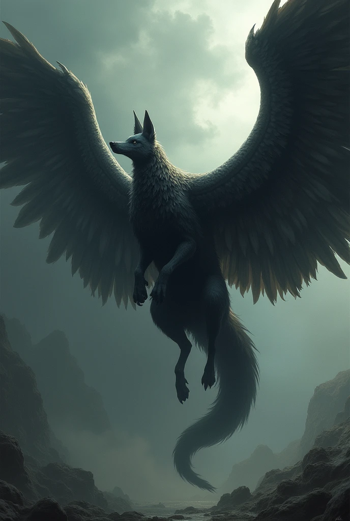 Draw me the following: A gigantic flying, dark, mystical animal with 4 wings and a fox head and tail. Make it terrifying like an biblically accurate angel
